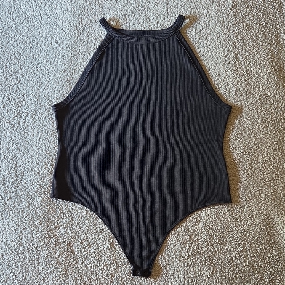 AE Ribbed Waffle High Neck Racerback Bodysuit in Black